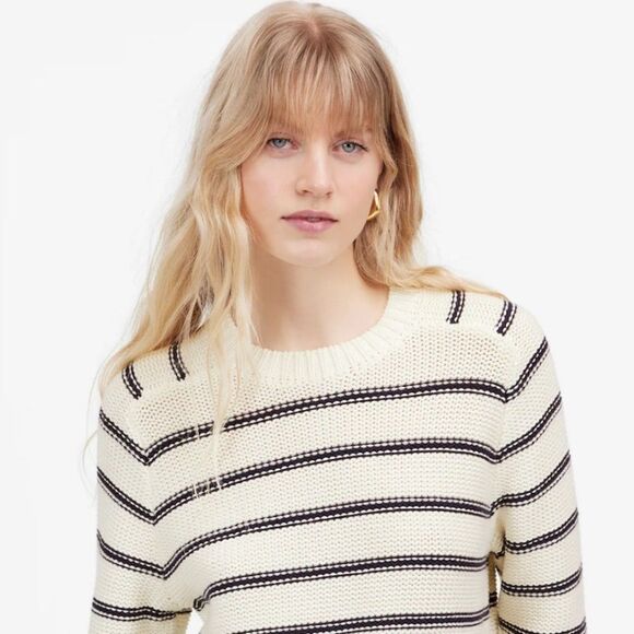 Madewell XL Bright Ivory Navy Stripes Reverse Knit Crewneck Sweater - Picture 7 of 16